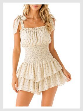 Floral Tie Shoulder Romper Smocked Ruffle XS